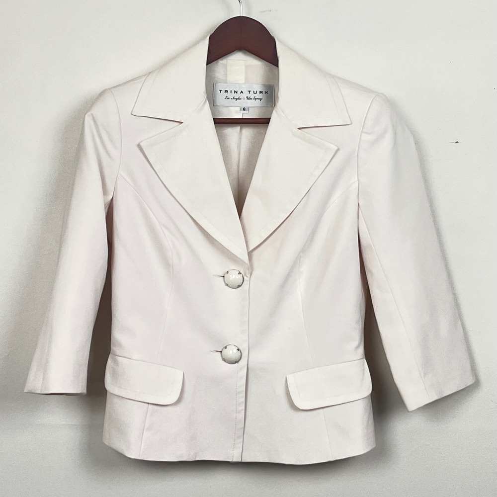 Trina Turk Creme 3/4 Sleeve Two Button Blazer Jacket Size 6